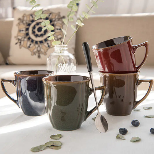 Retro Ceramic Cup with Lid & Spoon